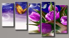 Модульная картина на холсте из 5-ти частей "Бабочки на тюльпанах"